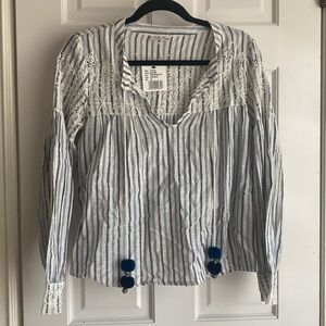 Love Shack Fancy Prarie Peasant Top ivory/blue